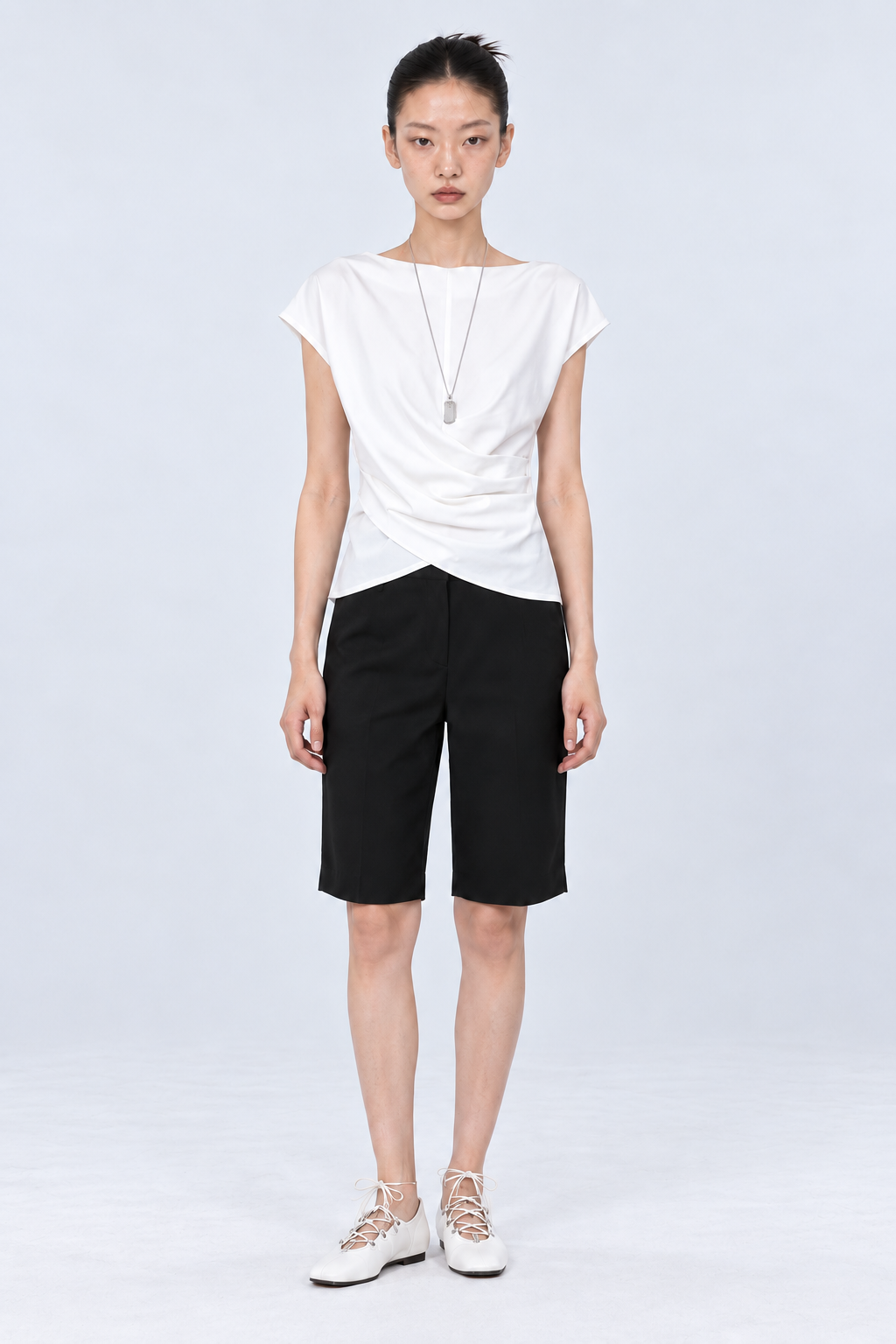 Draped Boat Neck Top - White